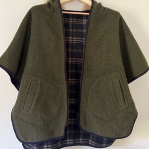 Joules Everly green/plaid Reversible Cape Poncho Coat Hooded Faux Fur Trim!